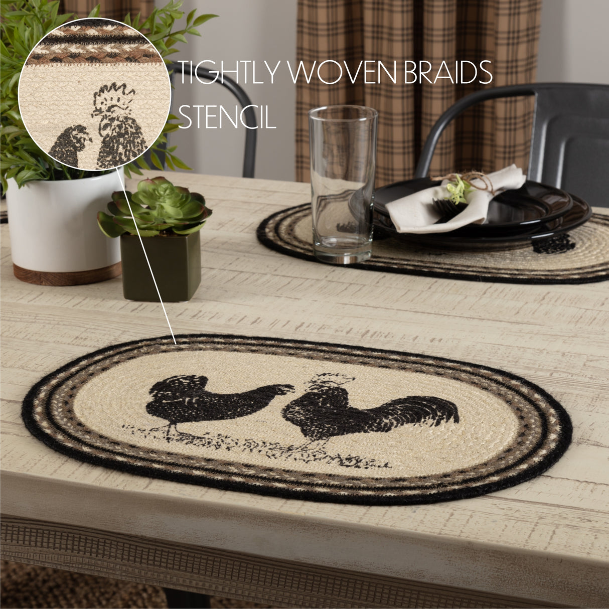 Placemats Sawyer Mill Charcoal Jute Farmhouse 12x18 Set of 6 Poultry, 12 Pack