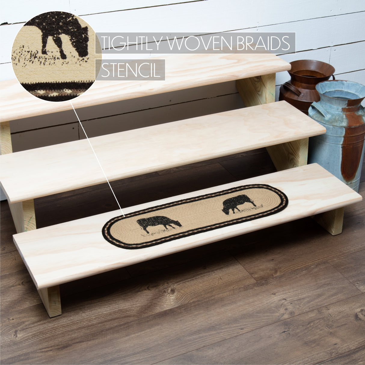 Sawyer Mill Charcoal Cow Jute Stair Tread Oval Latex 8.5x27, Set of 7