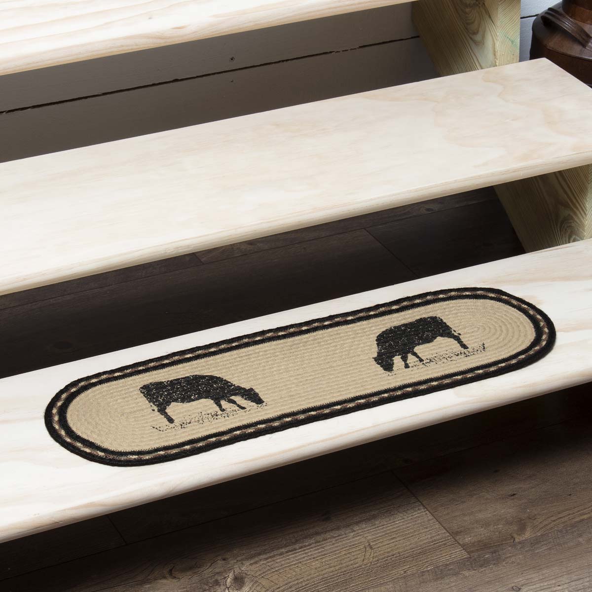Sawyer Mill Charcoal Cow Jute Stair Tread Oval Latex 8.5x27, Set of 7