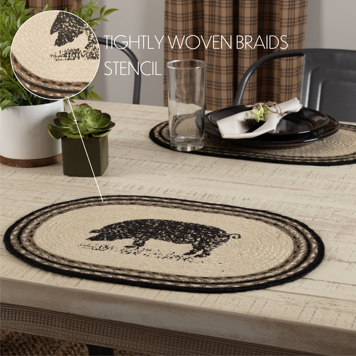 Placemats Sawyer Mill Charcoal Jute Farmhouse 12x18 Set of 6 Oval Pig, 12 Pack