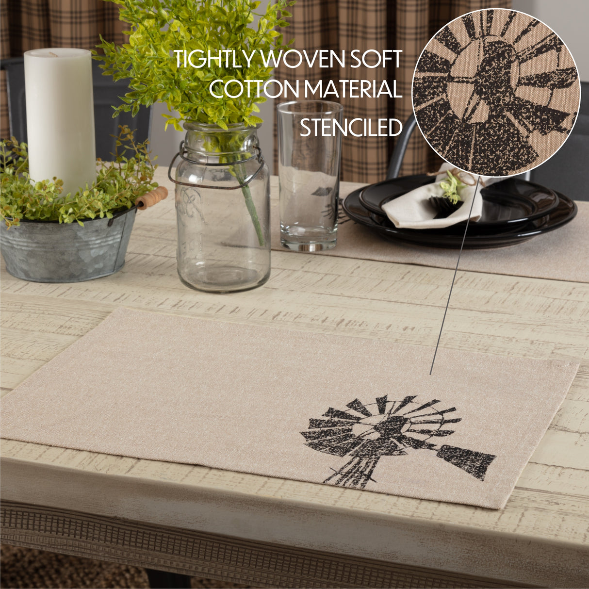 Sawyer Mill Windmill Graphic/Print Chambray Cotton Farmhouse Tabletop Kitchen Stenciled Runner, Placemat Set 12x18, Khaki Tan, 12 Pack
