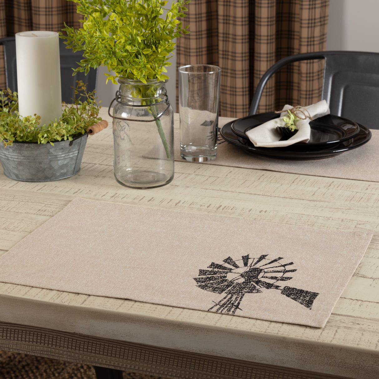 Sawyer Mill Windmill Graphic/Print Chambray Cotton Farmhouse Tabletop Kitchen Stenciled Runner, Placemat Set 12x18, Khaki Tan, 12 Pack
