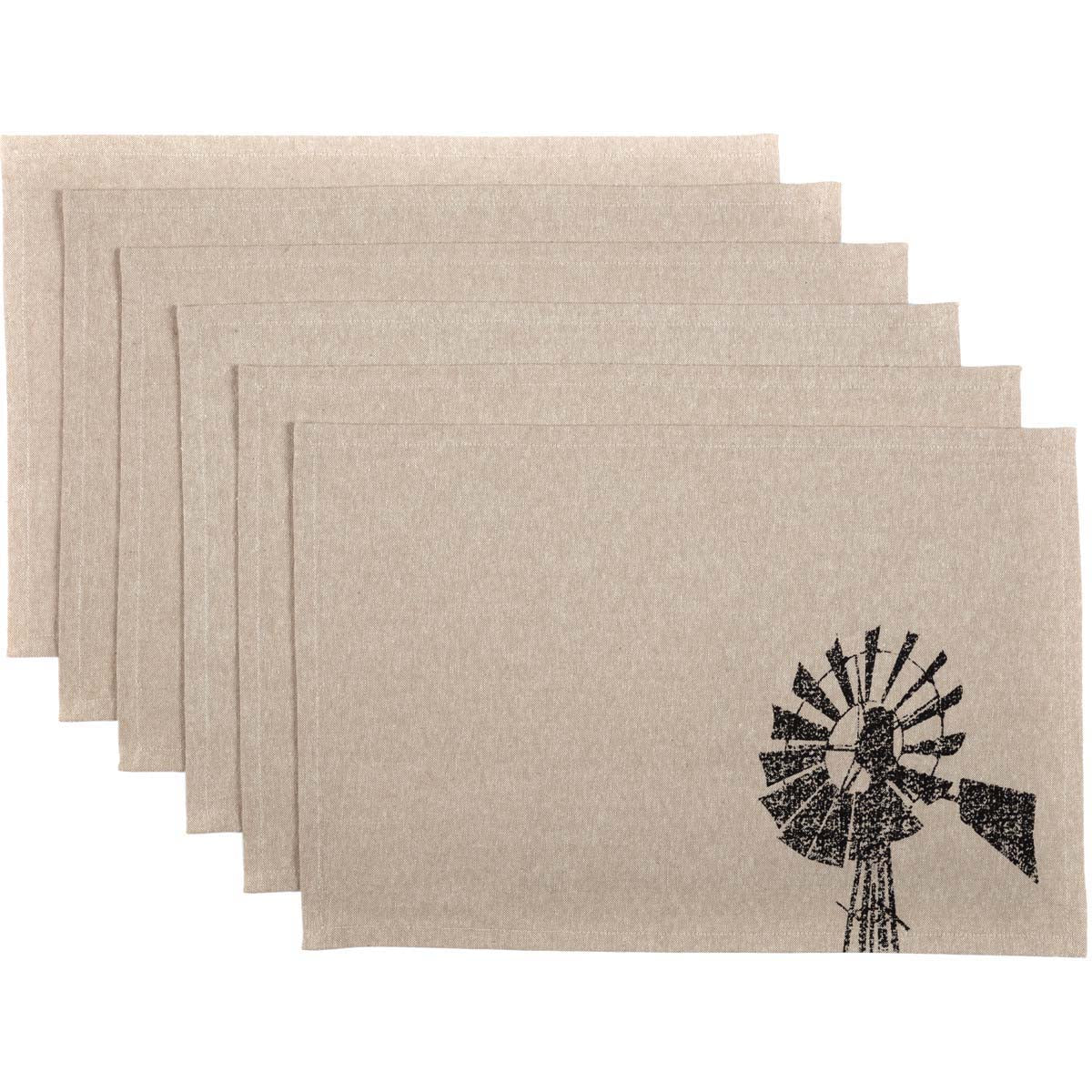 Sawyer Mill Windmill Graphic/Print Chambray Cotton Farmhouse Tabletop Kitchen Stenciled Runner, Placemat Set 12x18, Khaki Tan, 12 Pack
