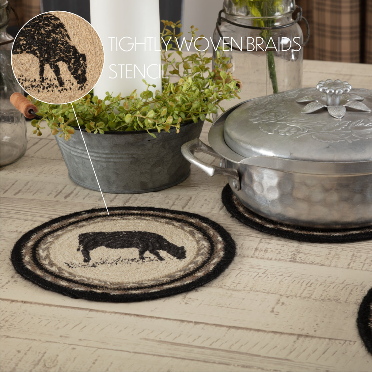 Sawyer Mill Charcoal Cow Jute Trivet 8 Set of 3