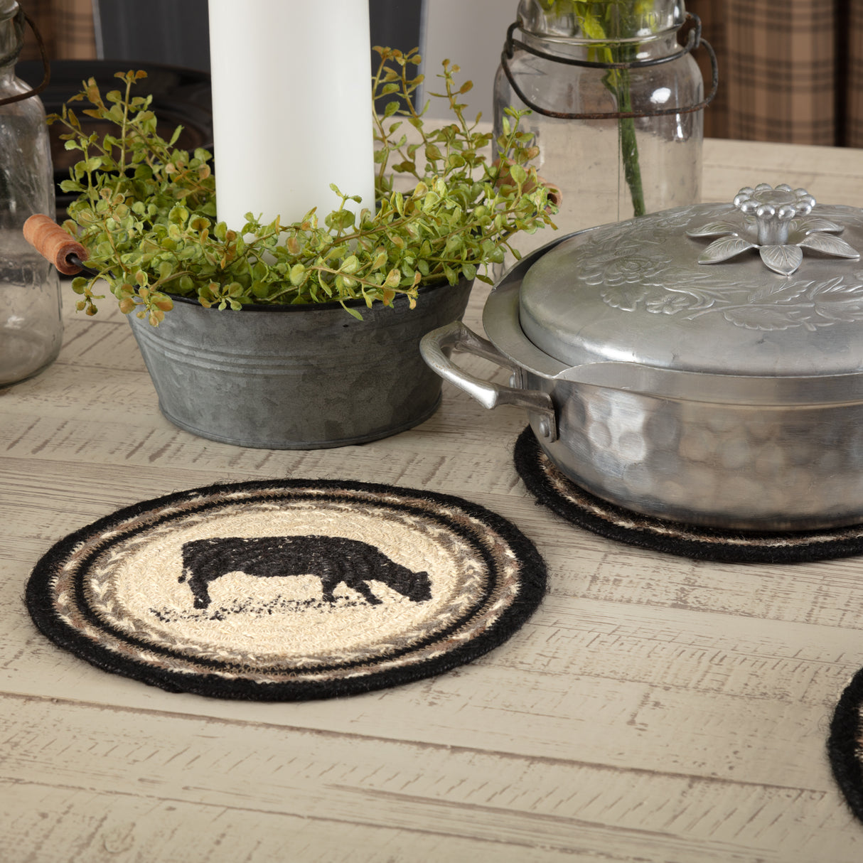 Sawyer Mill Charcoal Cow Jute Trivet 8 Set of 3