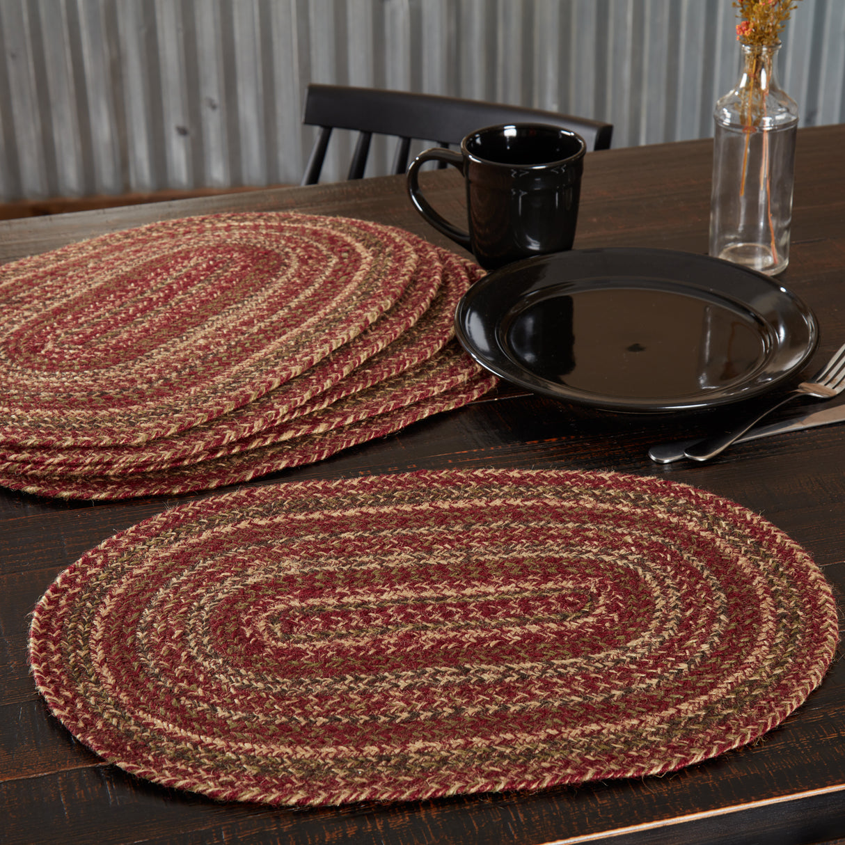 Cider Mill Primitive Jute Red Textured Striped Oval Kitchen Placemat Set of 6 12"x18", 12 Pack
