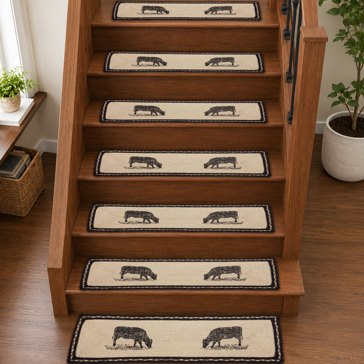 Sawyer Mill Charcoal Cow Jute Stair Tread Rect Latex 8.5x27, Set of 7