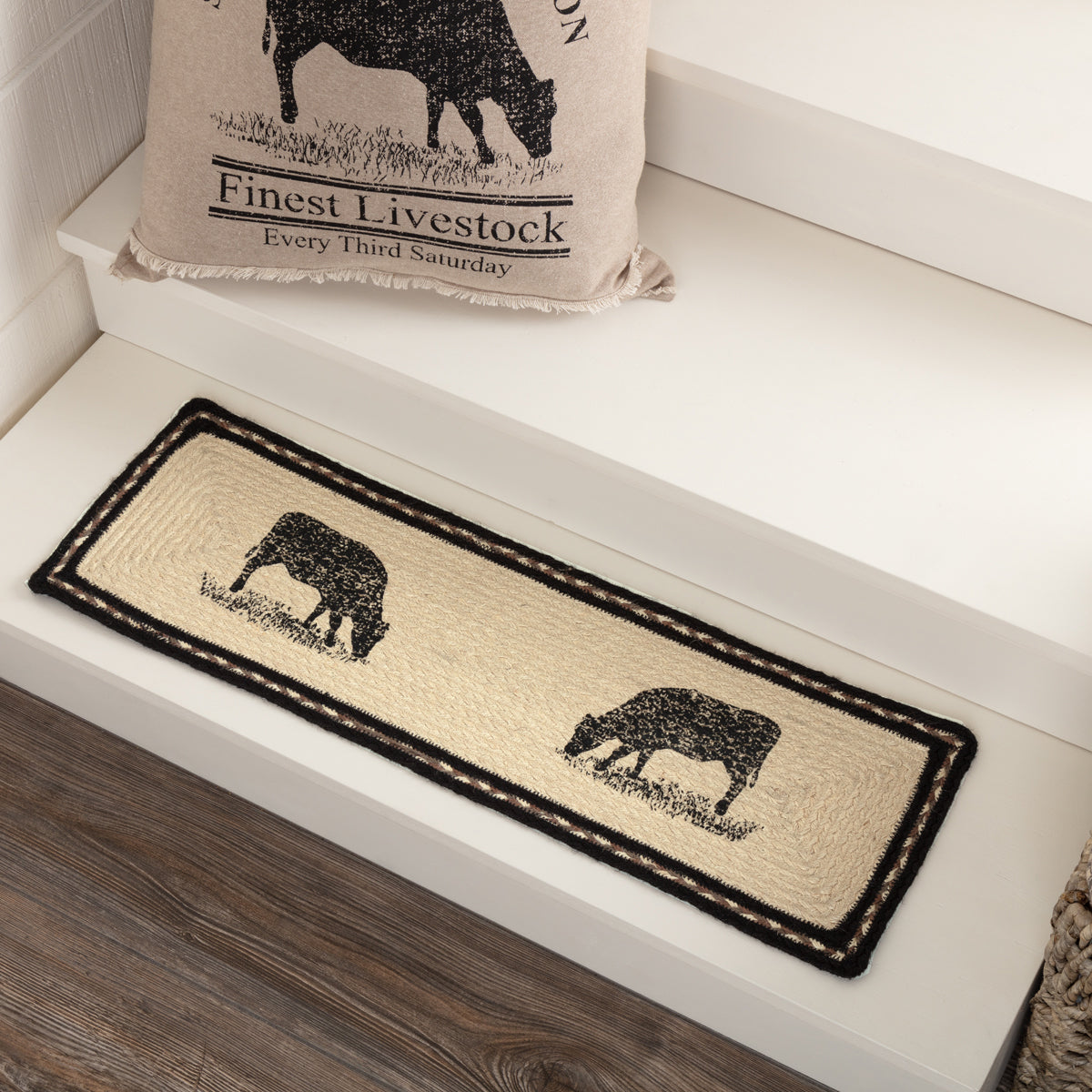 Sawyer Mill Charcoal Cow Jute Stair Tread Rect Latex 8.5x27, Set of 7