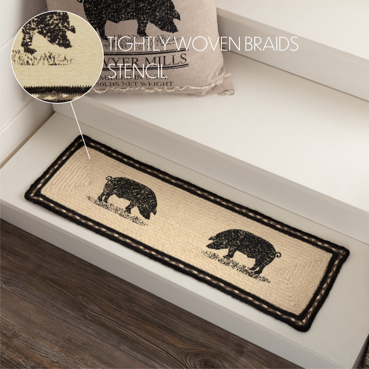 Sawyer Mill Charcoal Pig Jute Stair Tread Rect Latex 8.5x27, Set of 7