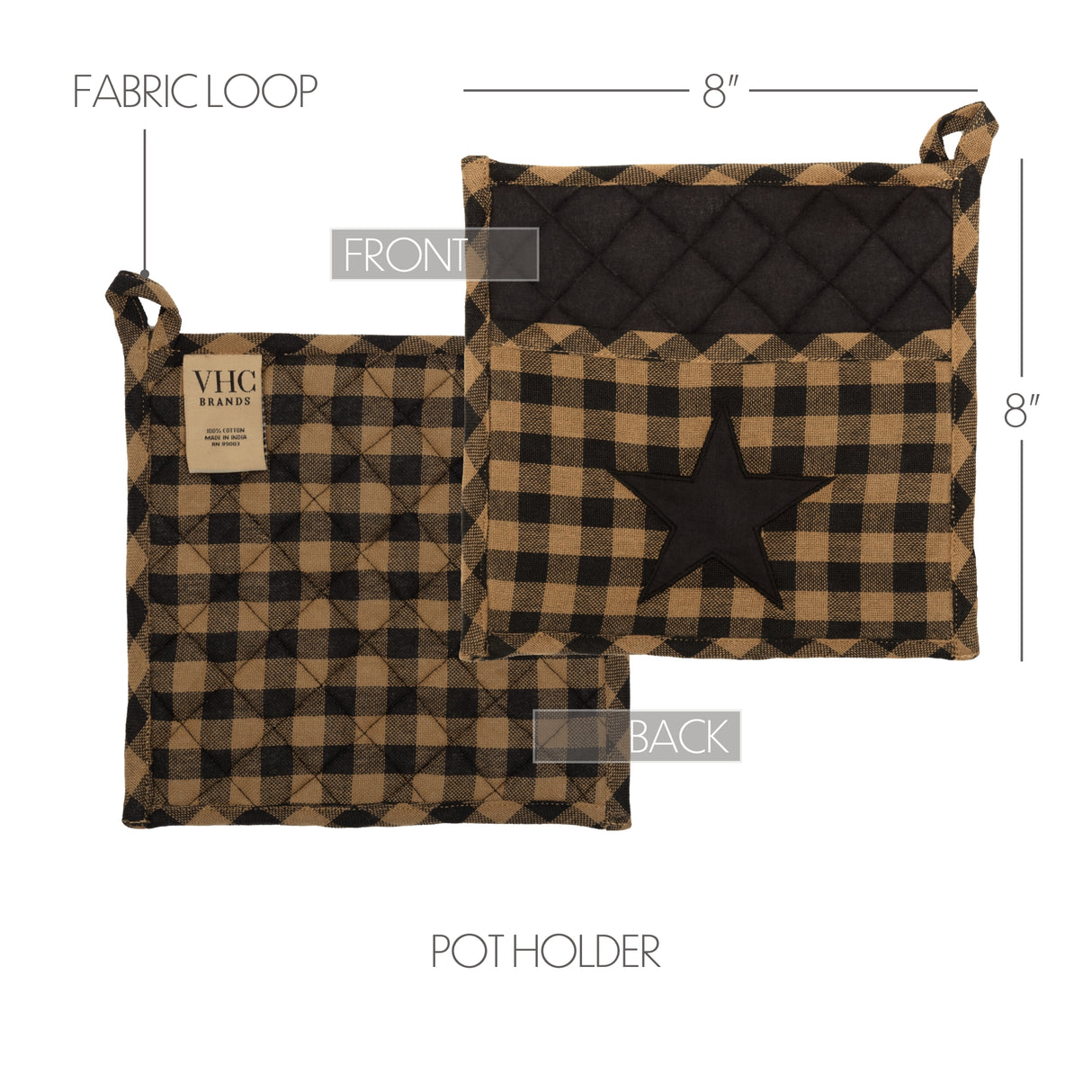 VHC Brands Black Star 6PC Set 2 Oven Mitts 2 Pot Holders and 2 Tea Towels