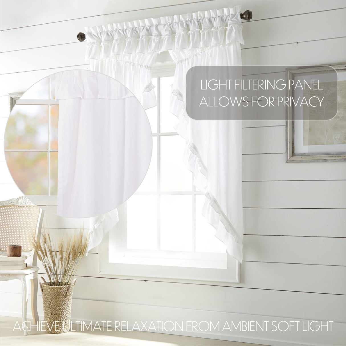 Muslin Ruffled Bleached White Prairie Short Panel Set of 2 63x36x18