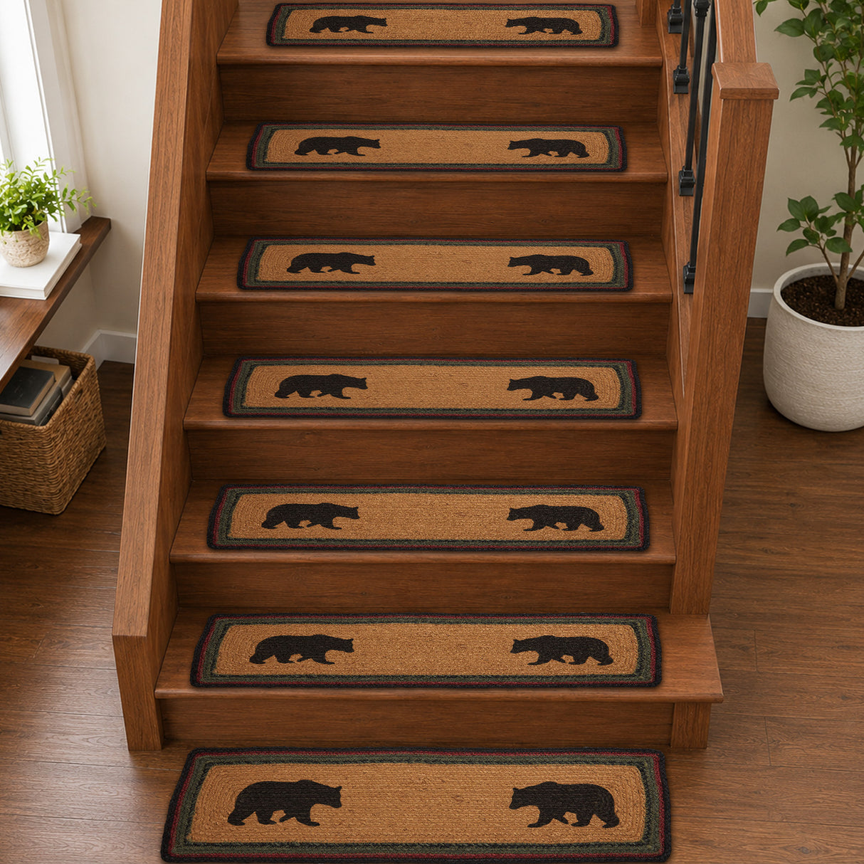 Wyatt Stenciled Bear Jute Stair Tread Rect Latex 8.5x27, Set of 7