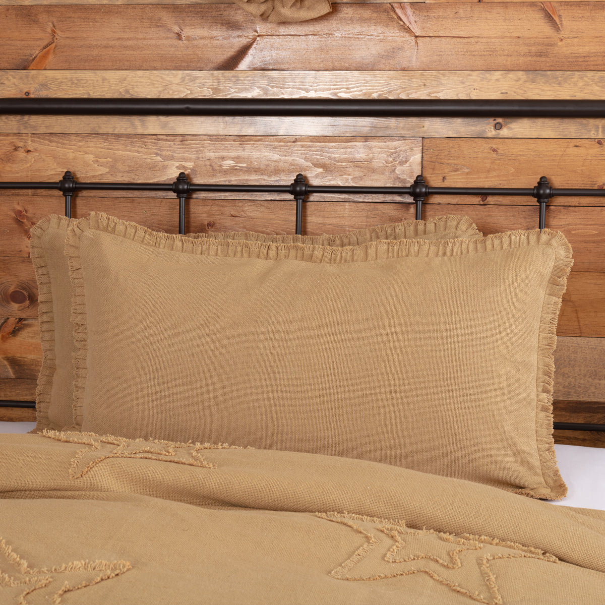 Burlap Natural King Sham w/ Fringed Ruffle 21x37, Set of 2