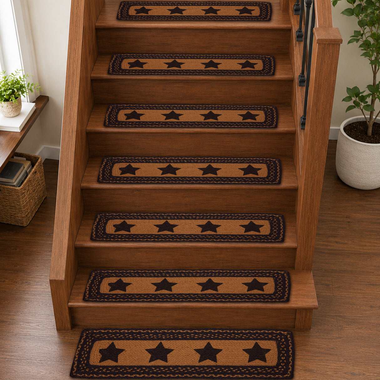Farmhouse Jute Stair Tread Stencil Stars Rect Latex 8.5x27, Set of 7