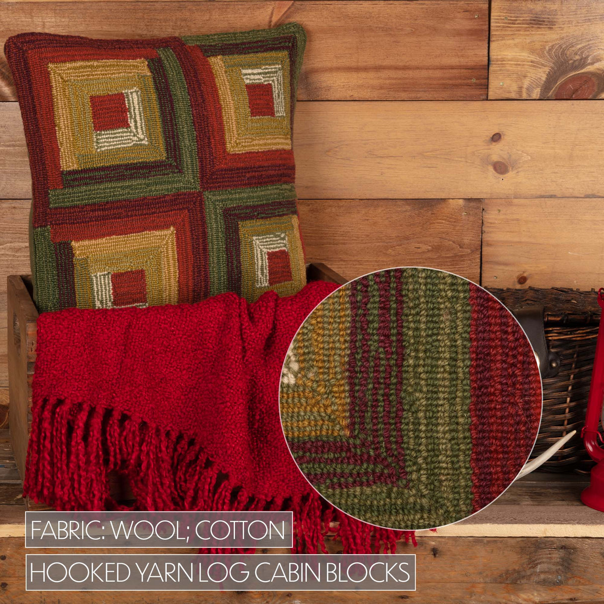 Tea Cabin Log Cabin Hooked Pillow 18x18