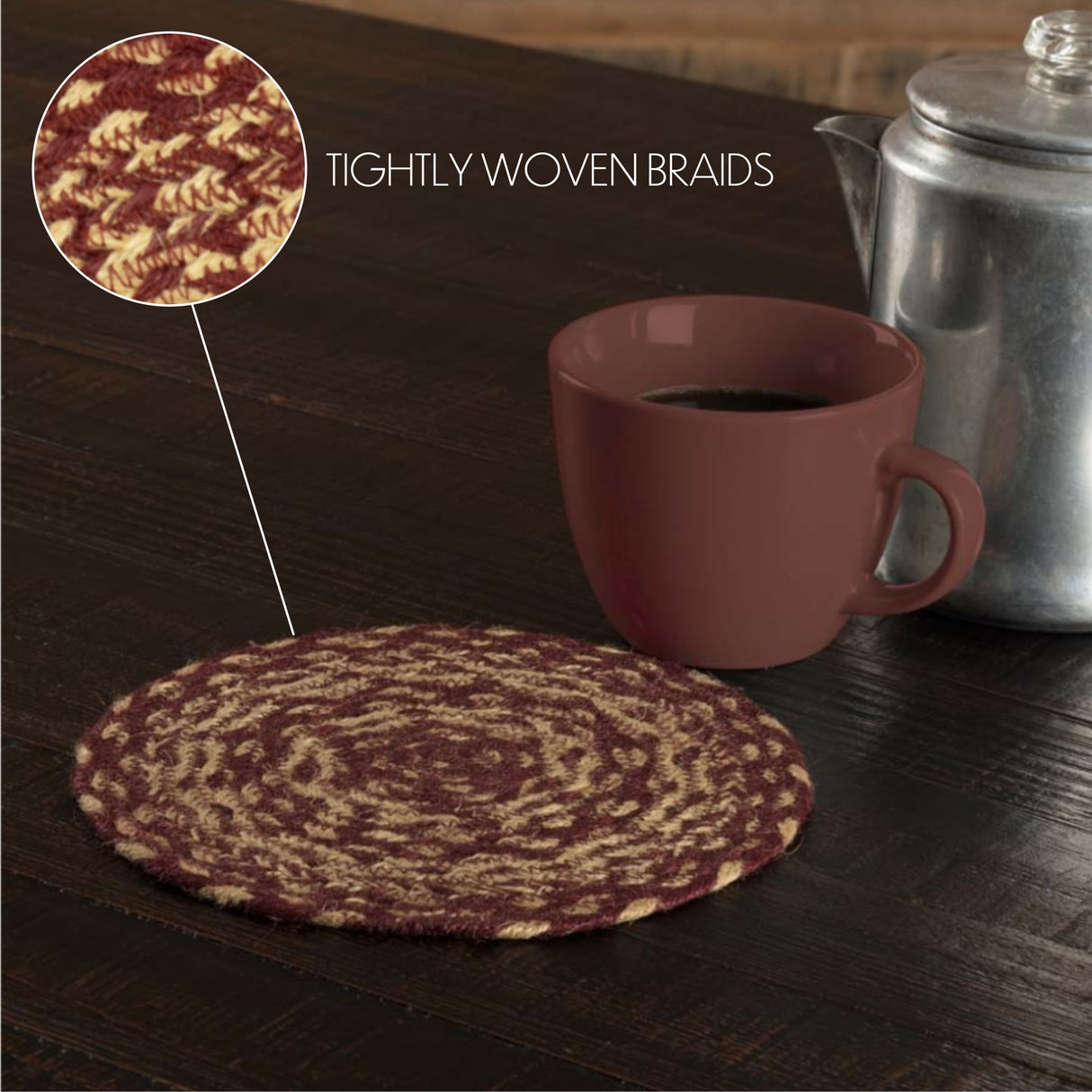 Burgundy Tan Jute Trivet 8, Set of 3