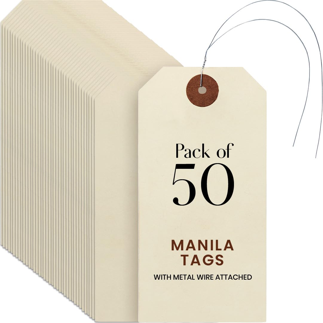 9pt Creme Manila Tag w/ Wire Hanger Set of 50 Size #5