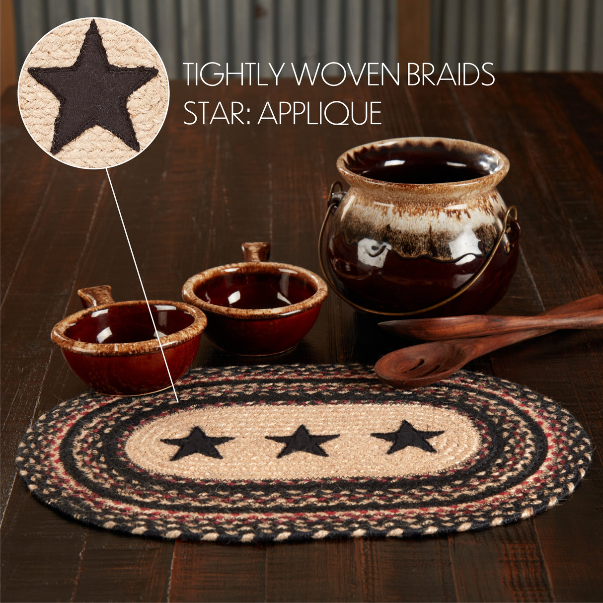 Primitive Colonial Star Table Placemat, Tan Black Red, Jute Blend, Oval, 12x18 Inches, 12 Pack 12 Pack