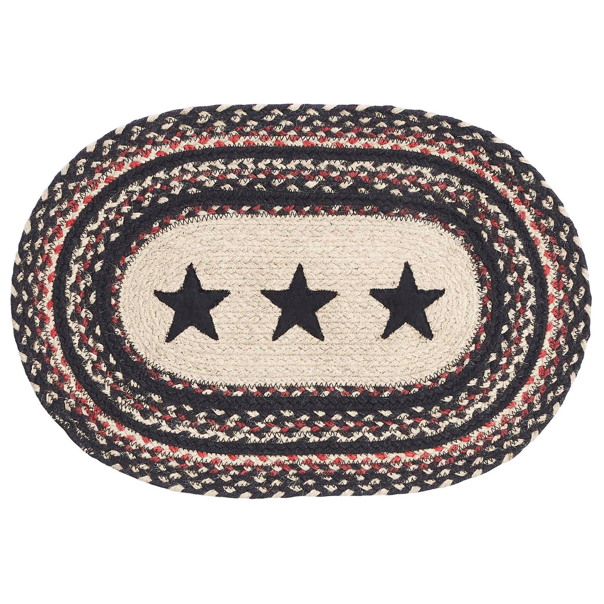 Primitive Colonial Star Table Placemat, Tan Black Red, Jute Blend, Oval, 12x18 Inches, 12 Pack 12 Pack