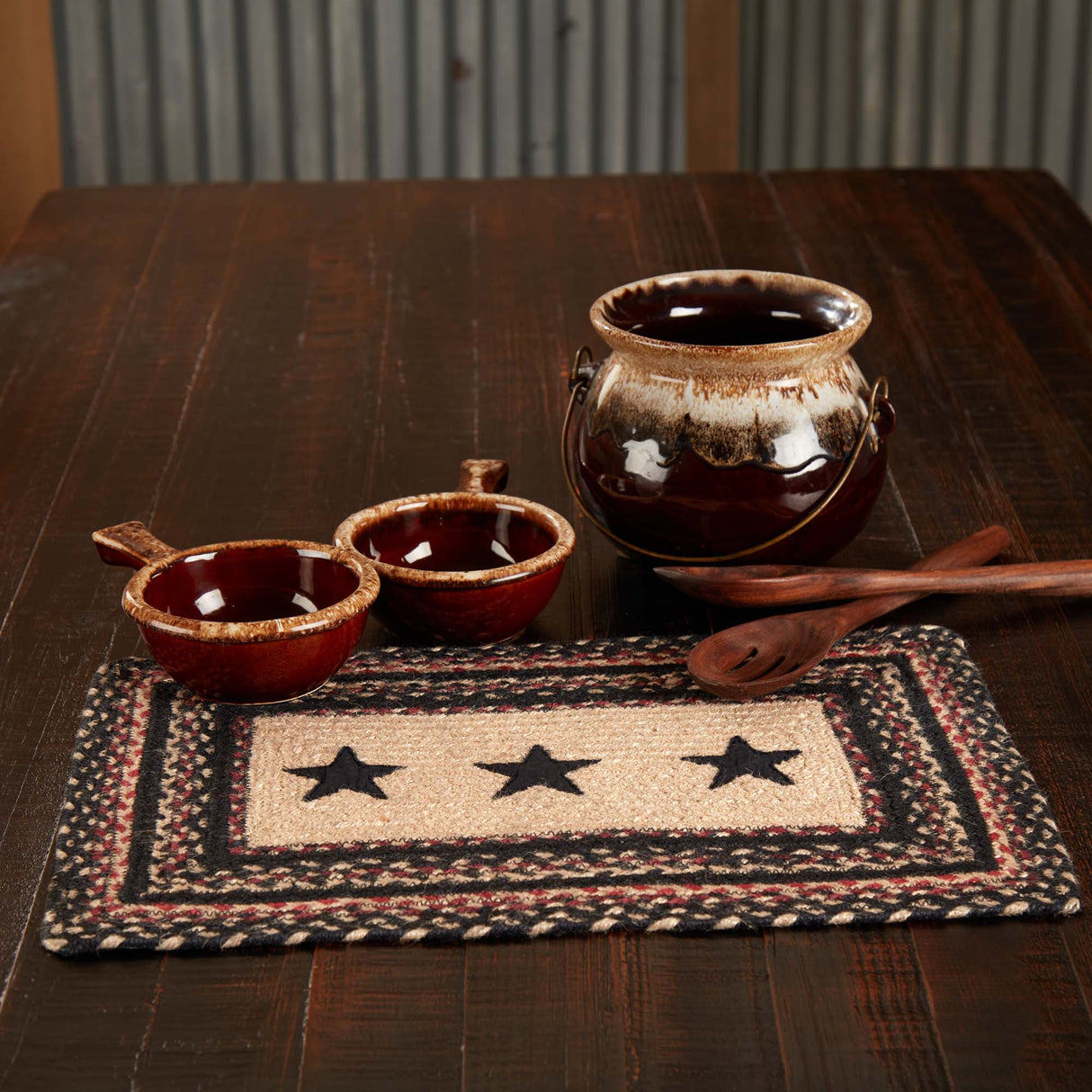 Primitive Colonial Star Table Placemat, Tan Black Red, Jute Blend, Rectangle, 12x18 Inches, 12 Pack 12 Pack