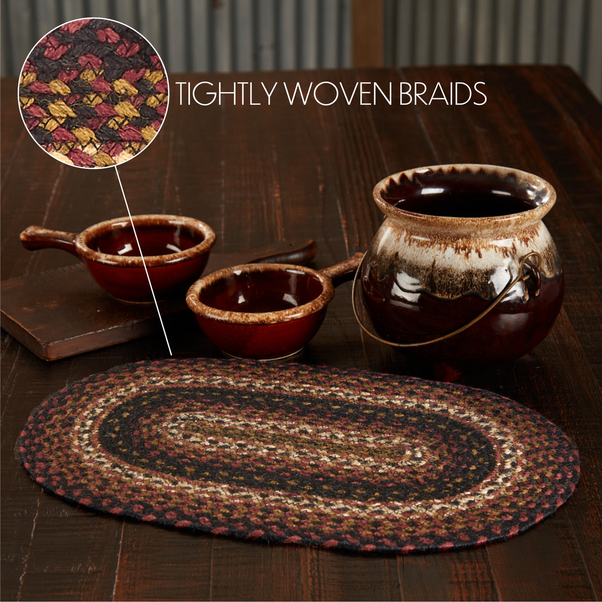 Country Beckham Table Placemat, Red Black Tan, Jute Blend, Oval, 12x18 Inches, 4 Pack 4 Pack