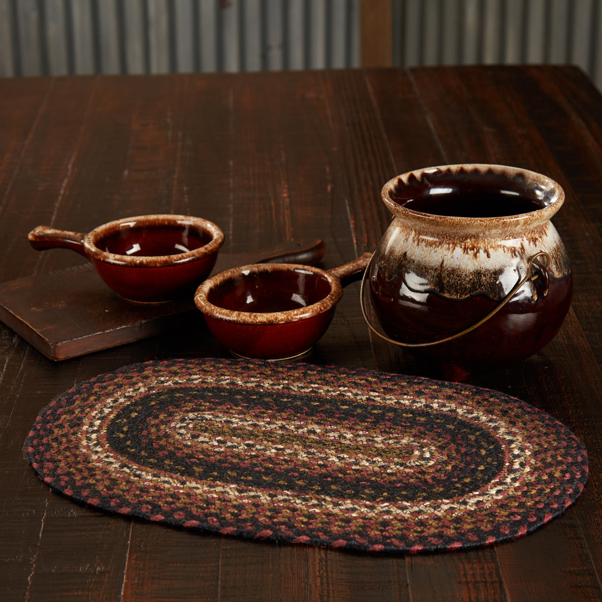 Country Beckham Table Placemat, Red Black Tan, Jute Blend, Oval, 12x18 Inches, 4 Pack 4 Pack