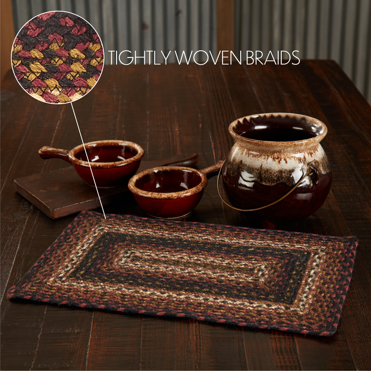 Country Beckham Table Placemat, Red Black Tan, Jute Blend, Rectangle, 12x18 Inches, 8 Pack 8 Pack