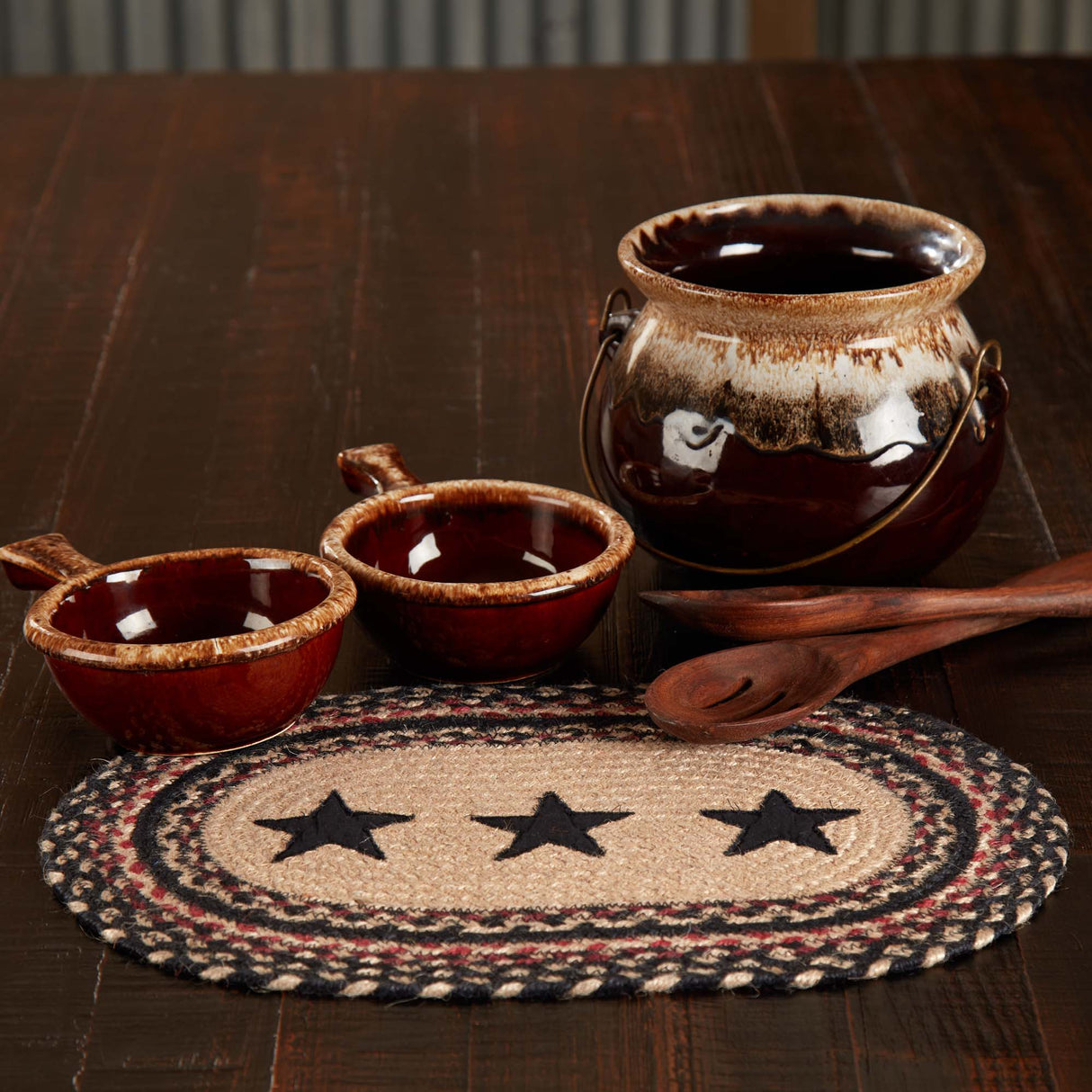 Primitive Colonial Star Table Placemat, Tan Black Red, Jute Blend, Oval, 10x15 Inches, 12 Pack 12 Pack
