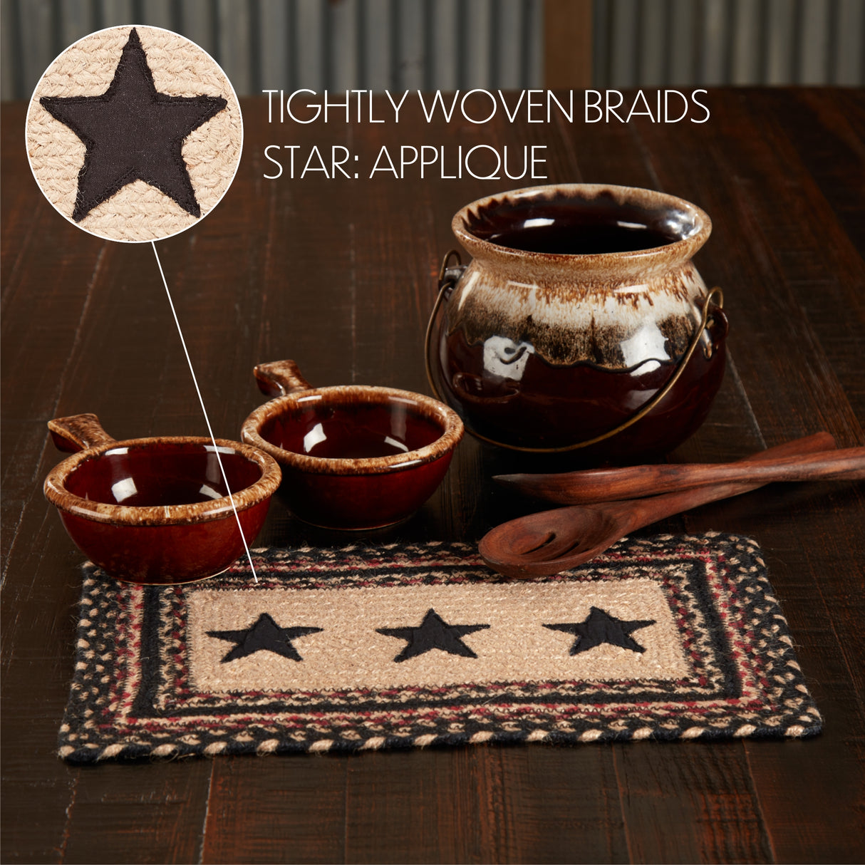 Primitive Colonial Star Table Placemat, Tan Black Red, Jute Blend, Rectangle, 10x15 Inches, 8 Pack 8 Pack