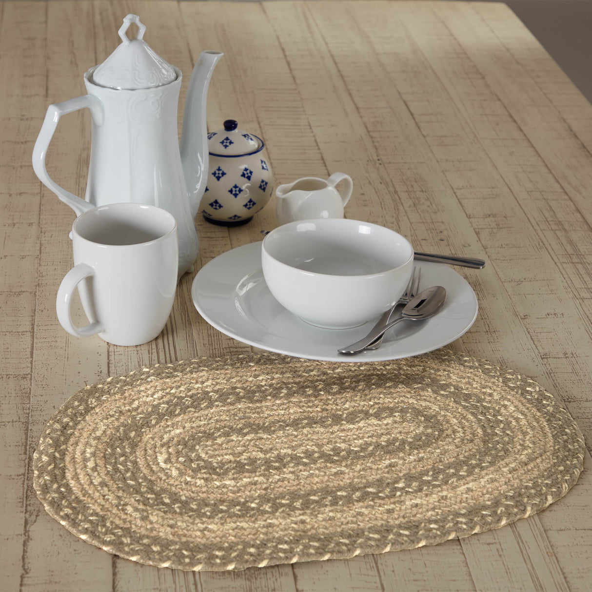 Farmhouse Cobblestone Table Placemat, Tan Grey White, Jute Blend, Oval, 12x18 Inches, 12 Pack 12 Pack