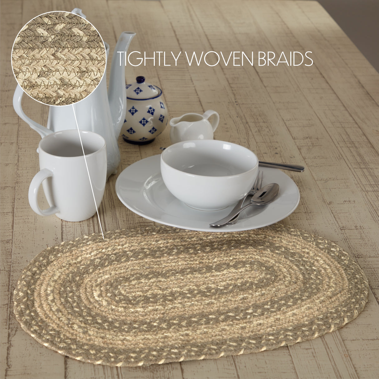 Farmhouse Cobblestone Table Placemat, Tan Grey White, Jute Blend, Oval, 12x18 Inches, 8 Pack 8 Pack