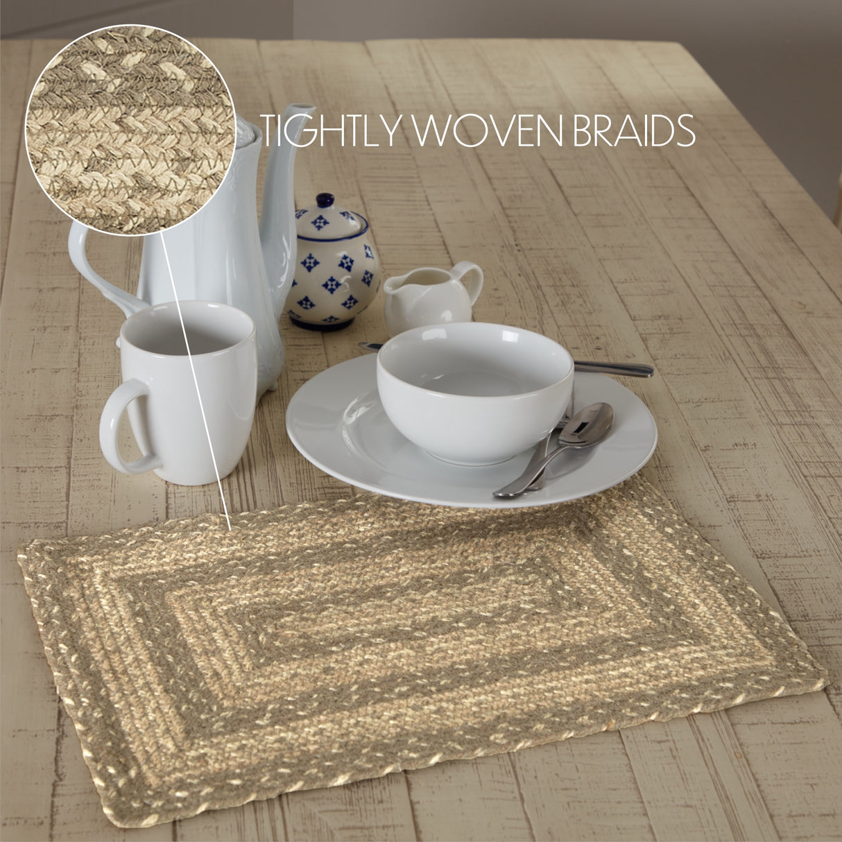 Farmhouse Cobblestone Table Placemat, Tan Grey White, Jute Blend, Rectangle, 12x18 Inches, 12 Pack 12 Pack