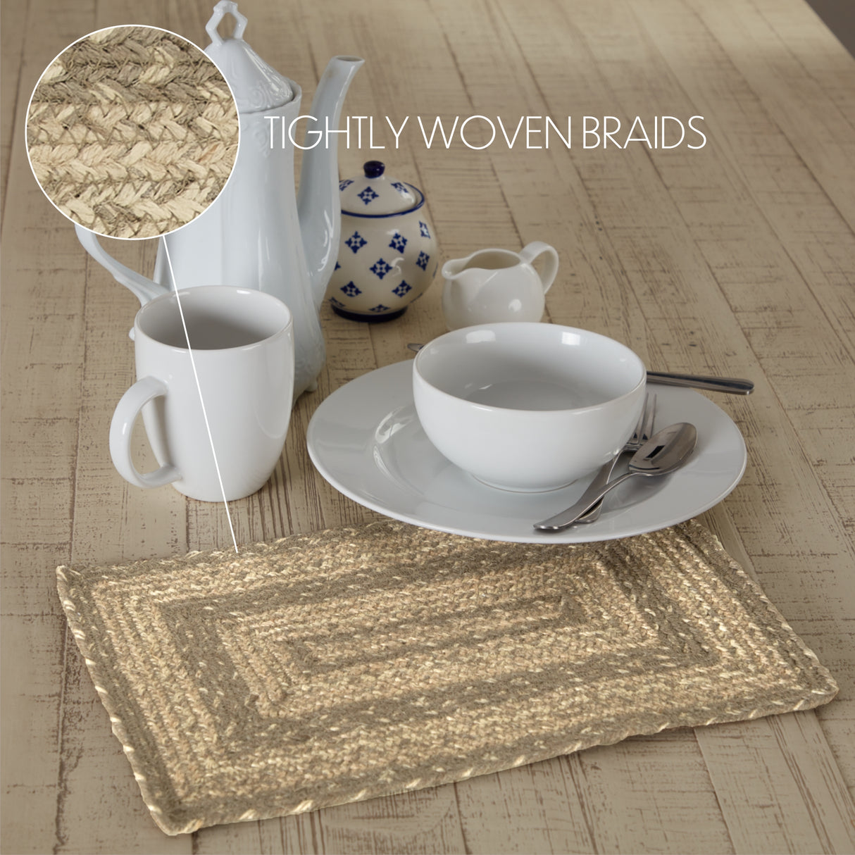 Farmhouse Cobblestone Table Placemat, Tan Grey White, Jute Blend, Rectangle, 10x15 Inches, 8 Pack 8 Pack