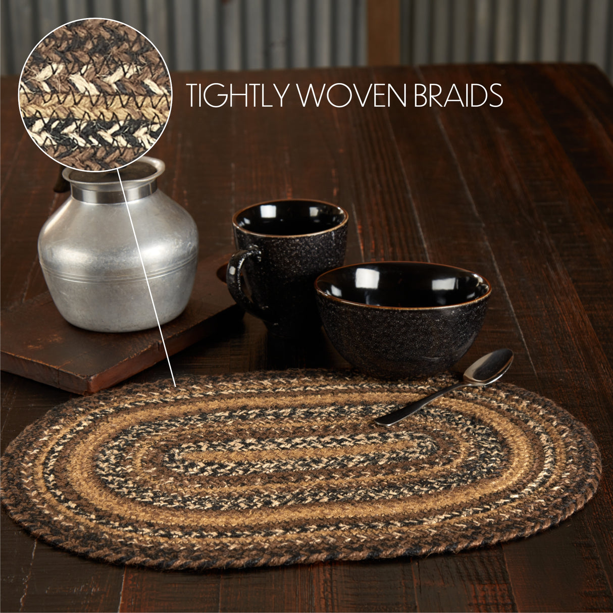 Country Espresso Table Placemat, Brown Black Tan, Jute Blend, Oval, 12x18 Inches, 8 Pack 8 Pack