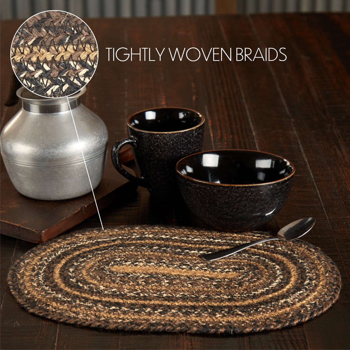Country Espresso Table Placemat, Brown Black Tan, Jute Blend, Oval, 10x15 Inches, 12 Pack 12 Pack