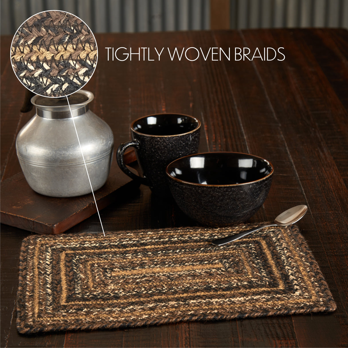 Country Espresso Table Placemat, Brown Black Tan, Jute Blend, Rectangle, 10x15 Inches, 8 Pack 8 Pack