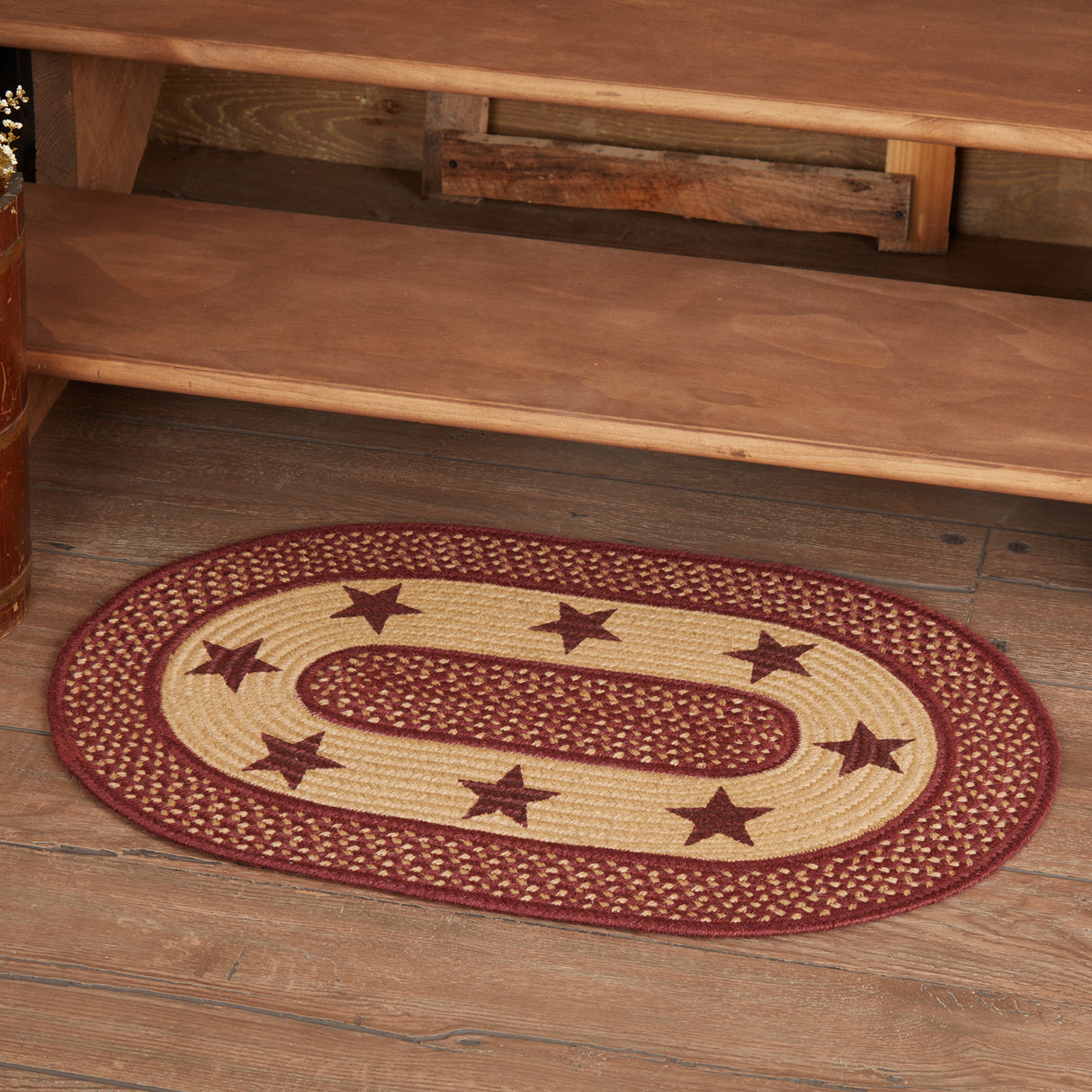 Burgundy Red Primitive Jute Rug Oval Stencil Stars w/ Pad 20x30