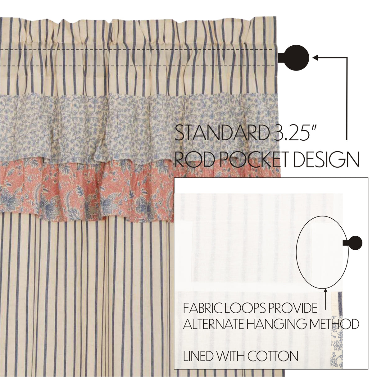 Kaila Ticking Blue Ruffled Valance 16x90