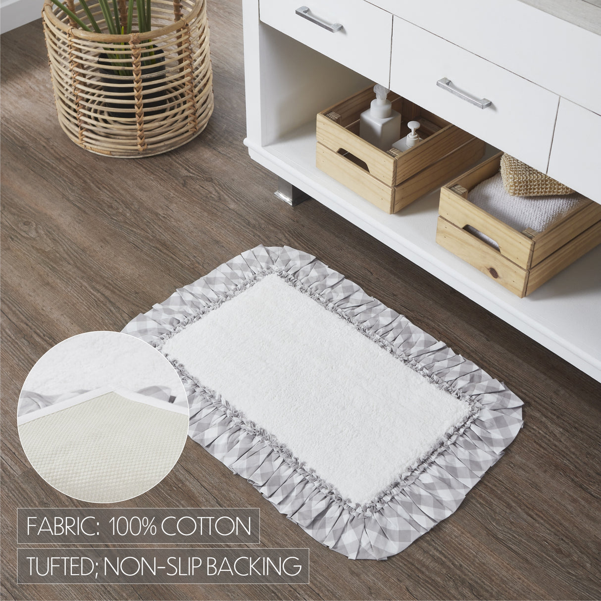 VHC Brands Annie Buffalo Check Ash Grey 2pc Bathhmat Set, 20x30 and 27x48