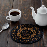 Black & Tan Braided Jute Mat Trivet Placemat, Round, Black, 15 inch, Set of 3