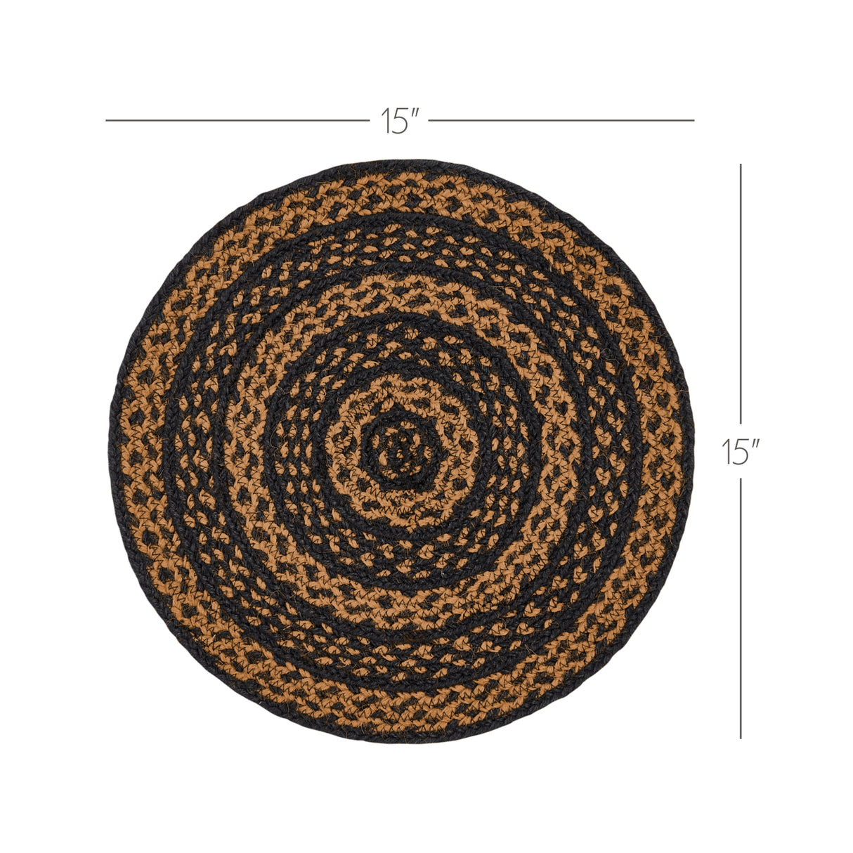 Black & Tan Braided Jute Mat Trivet Placemat, Round, Black, 8 inch, Set of 3