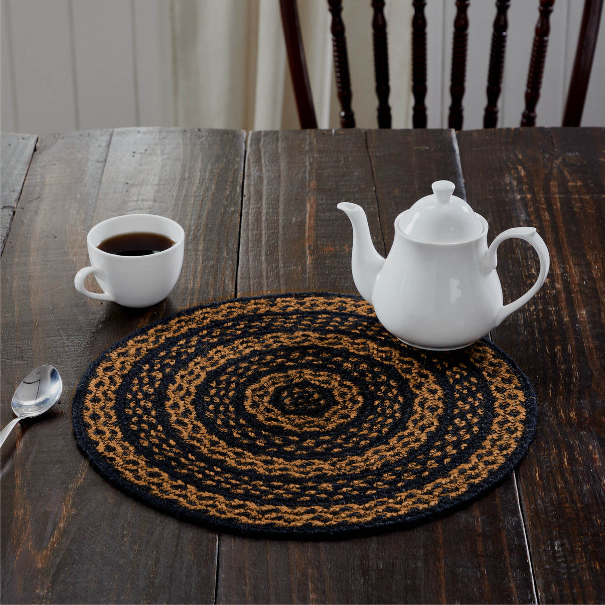 Black & Tan Braided Jute Mat Trivet Placemat, Round, Black, 8 inch, Set of 3
