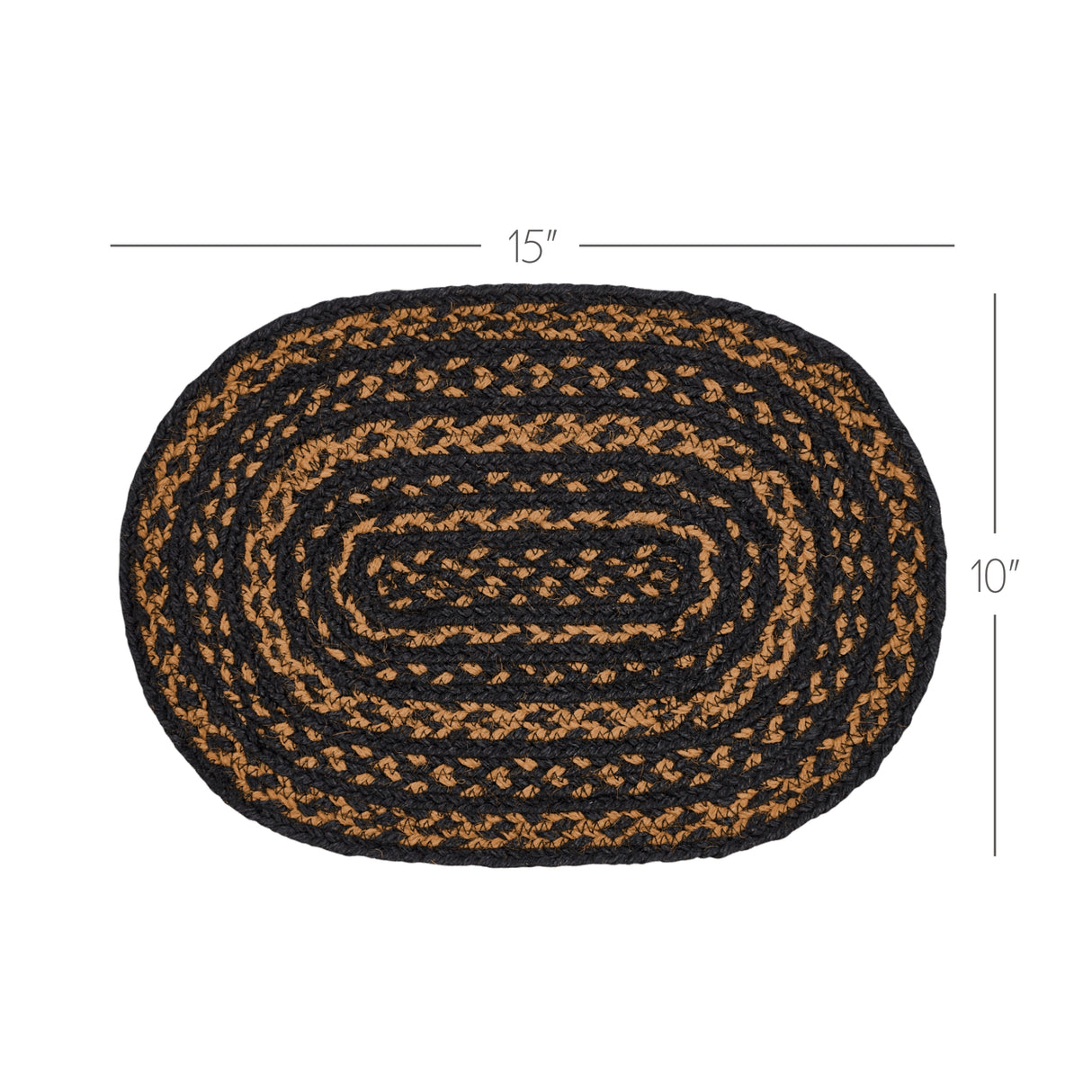 Black & Tan Dining Table Placemat, Braided Jute, Oval, Black, 10x15, 2 Pack