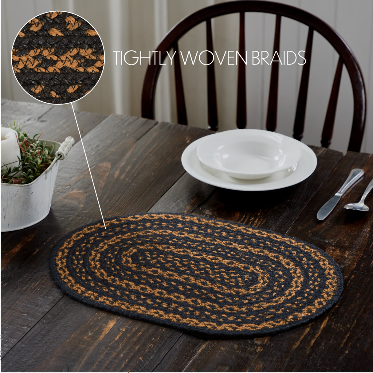 Black & Tan Dining Table Placemat, Braided Jute, Oval, Black, 12x18, 12 Pack 12 Pack