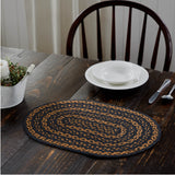 Black & Tan Dining Table Placemat, Braided Jute, Oval, Black, 12x18, 2 Pack