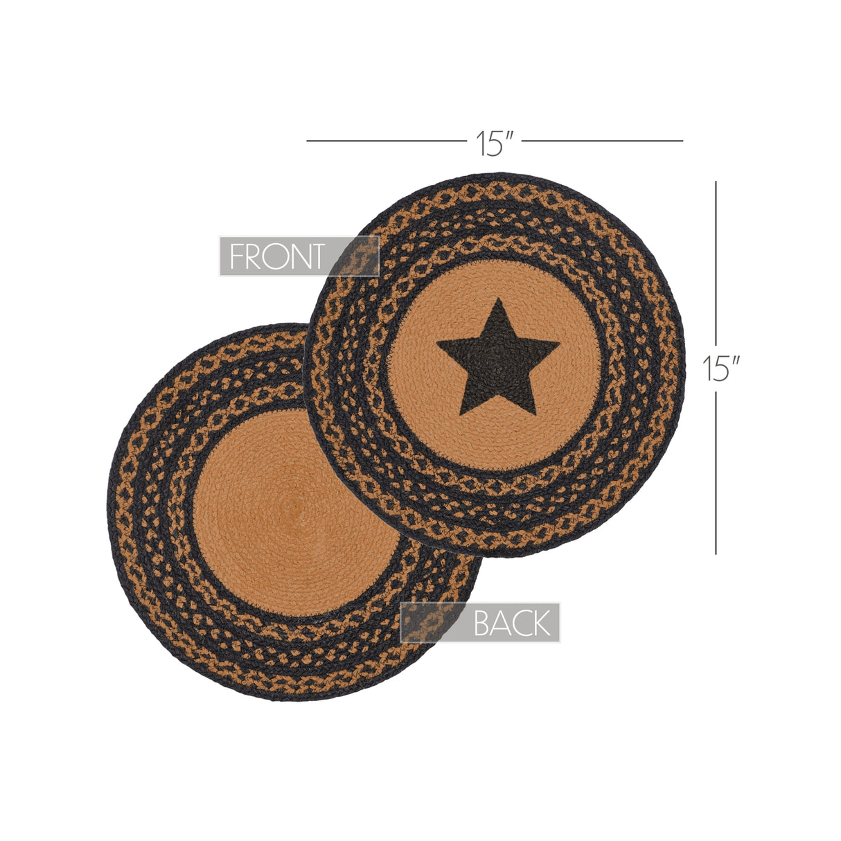 Farmhouse Star, Braided Jute Mat Trivet Placemat, Round, Black Tan, 15 inch, Set of 3
