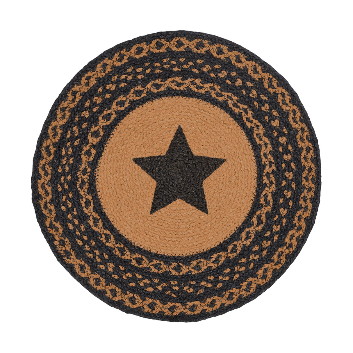 Farmhouse Star, Braided Jute Mat Trivet Placemat, Round, Black Tan, 15 inch, Set of 3