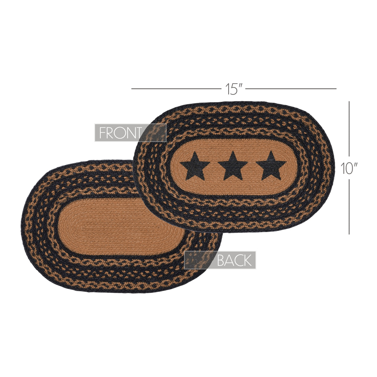 Farmhouse Star Dining Table Placemat, Braided Jute, Oval, Black Tan, 10x15, 4 Pack 4 Pack