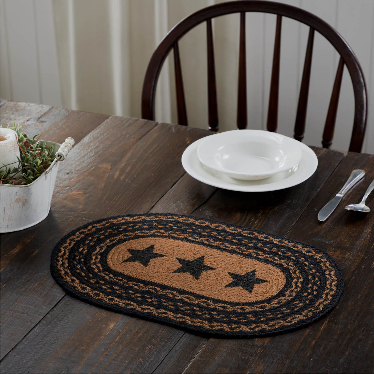 Farmhouse Star Dining Table Placemat, Braided Jute, Oval, Black Tan, 10x15, 2 Pack