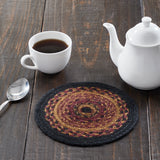 Heritage Farms, Braided Jute Mat Trivet Placemat, Round, Red Black Tan, 8 inch, Set of 3